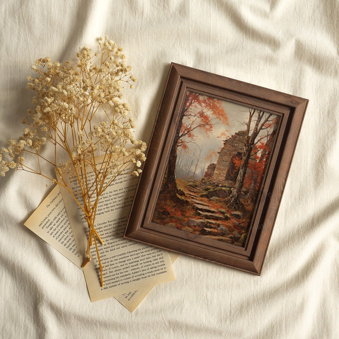 Autumn Stone Ruin Mossy Steps Red Orange Forest Vintage Landscape Poster - Image 2