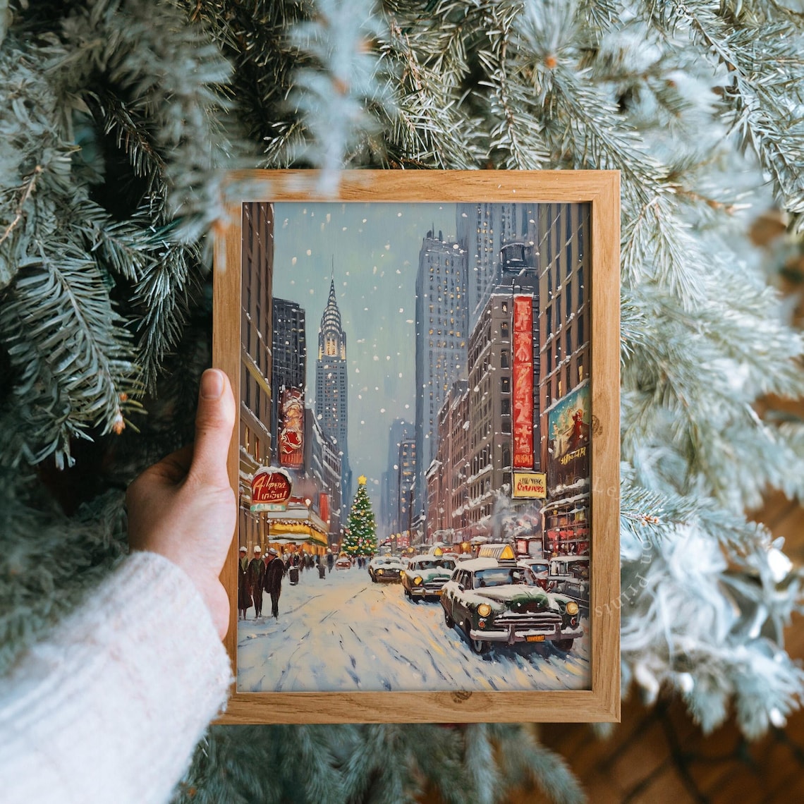 Vintage Snowy New York Street Taxis Christmas City Painting Poster - Image 8