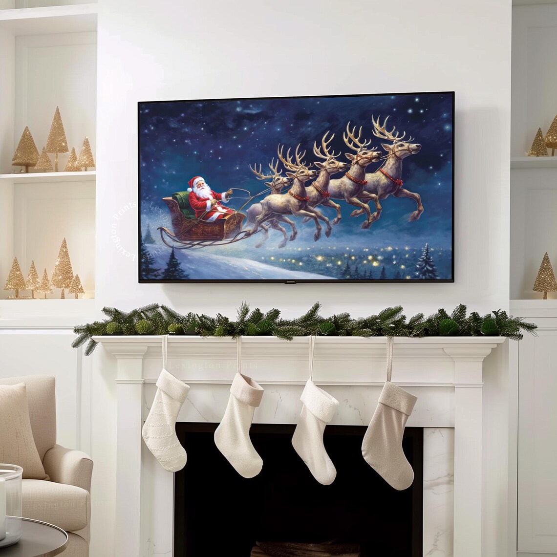 Santa Sleigh Reindeer Flying Night Sky Christmas Painting Poster - Image 7