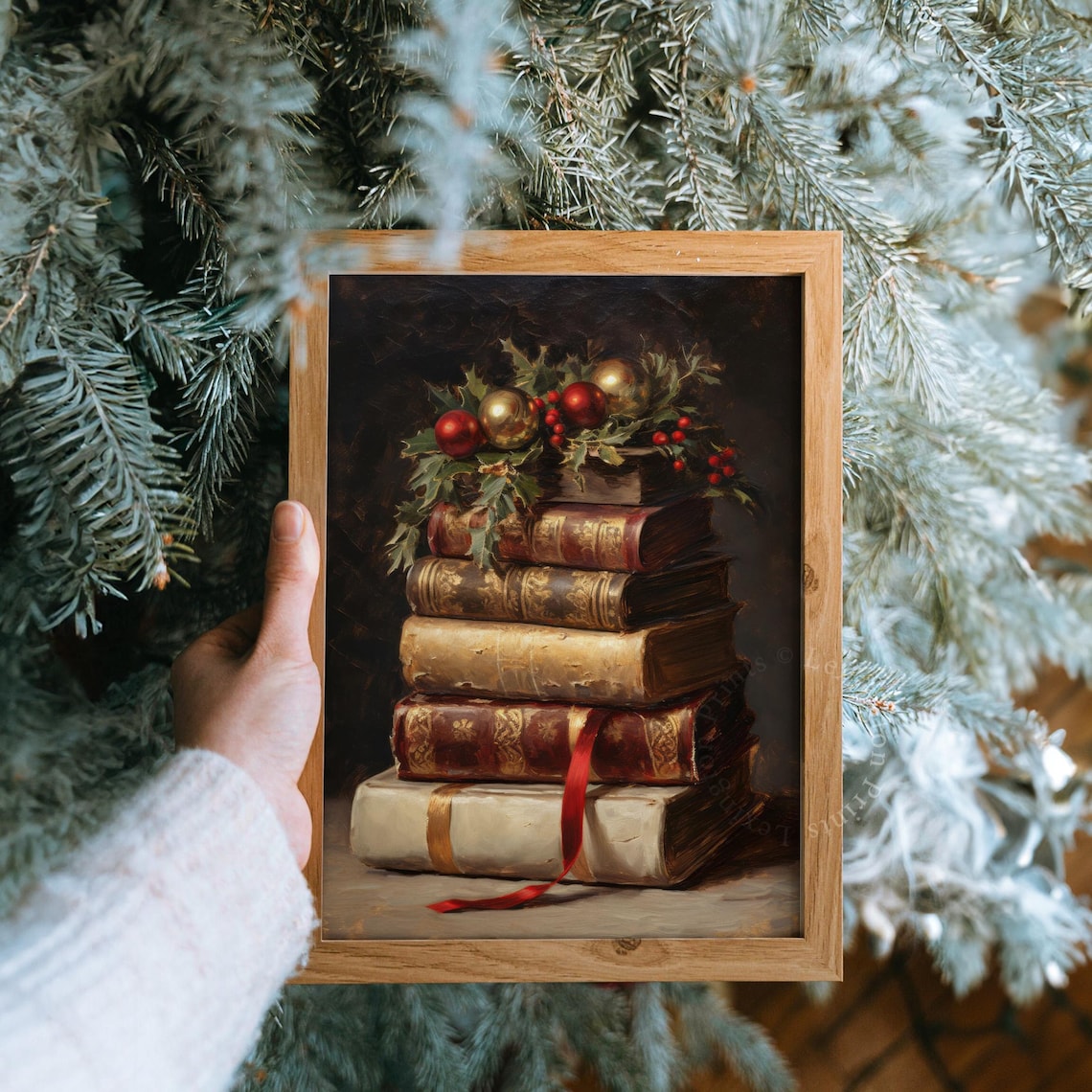 Vintage Books with Holly and Ornaments Christmas Still Life Poster - Image 6