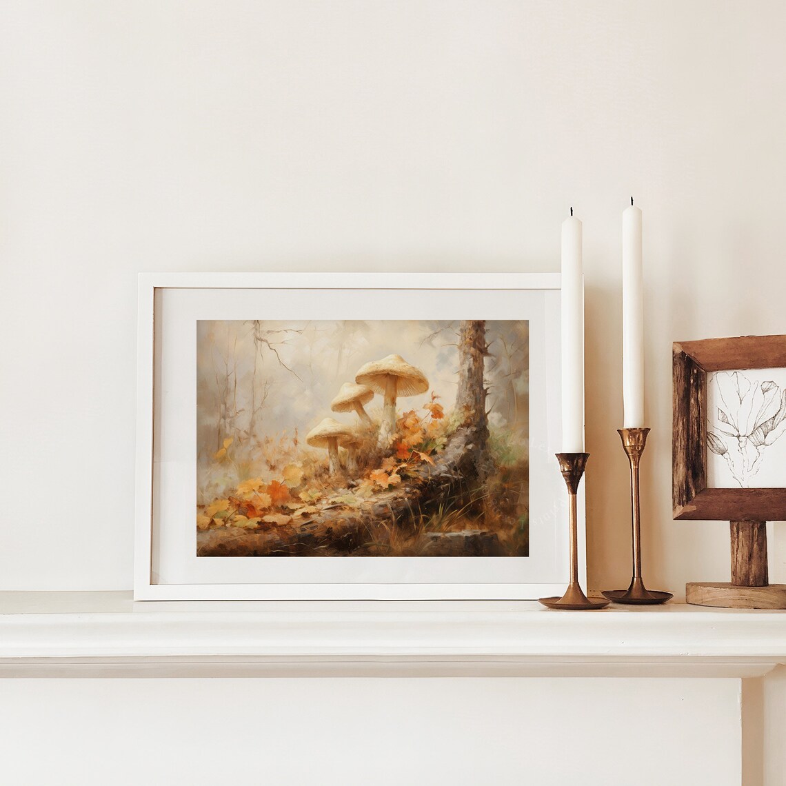 Cream Forest Mushrooms among Fall Leaves Woodland Decor Poster - Image 4