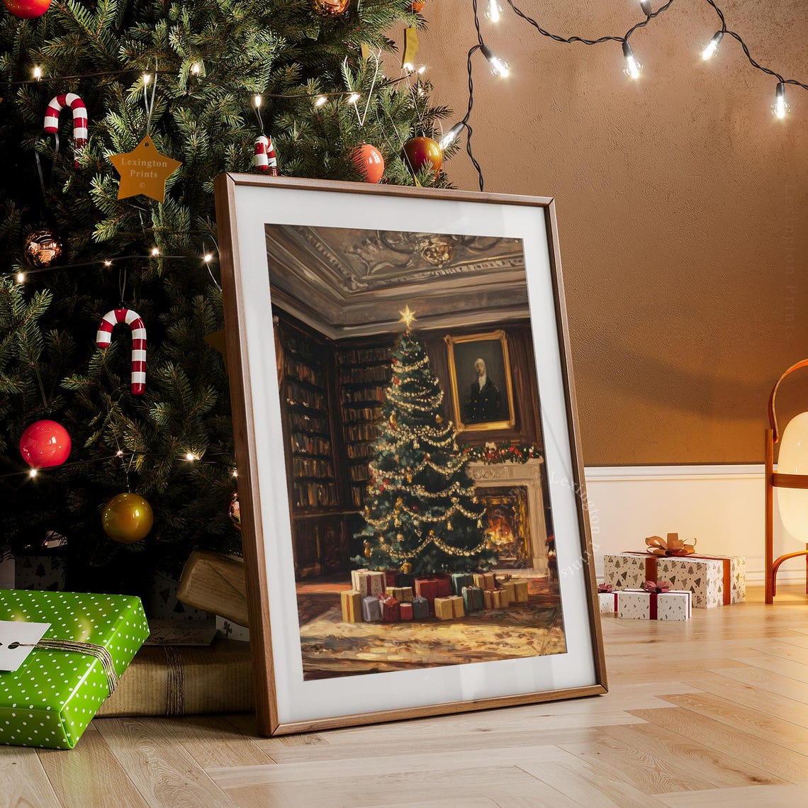 Dark Academia Christmas Tree Library Fireplace Oil Painting Poster - Image 8
