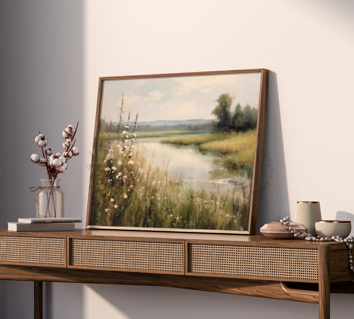 Peaceful River Landscape With Wildflowers Soft Impressionist Art Print