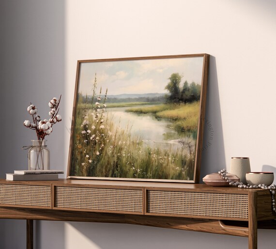 Peaceful River Landscape With Wildflowers Soft Impressionist Art Print