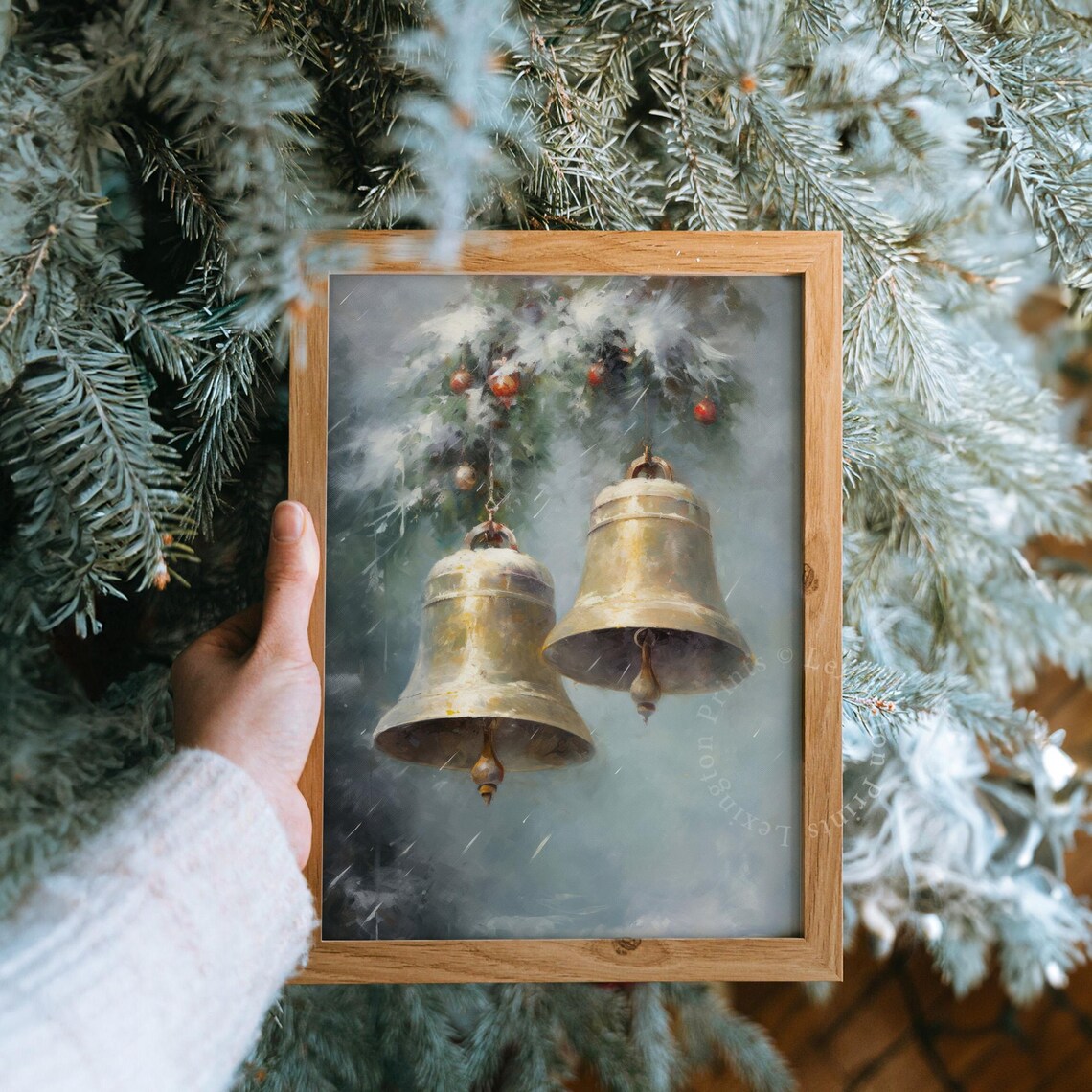 Large Brass Bells on Snowy Evergreen Bough Misty Winter Holiday Poster - Image 8