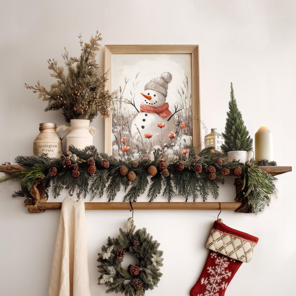 Neutral Snowman with Coral Scarf in Winter Field Christmas Wall Art - Image 5