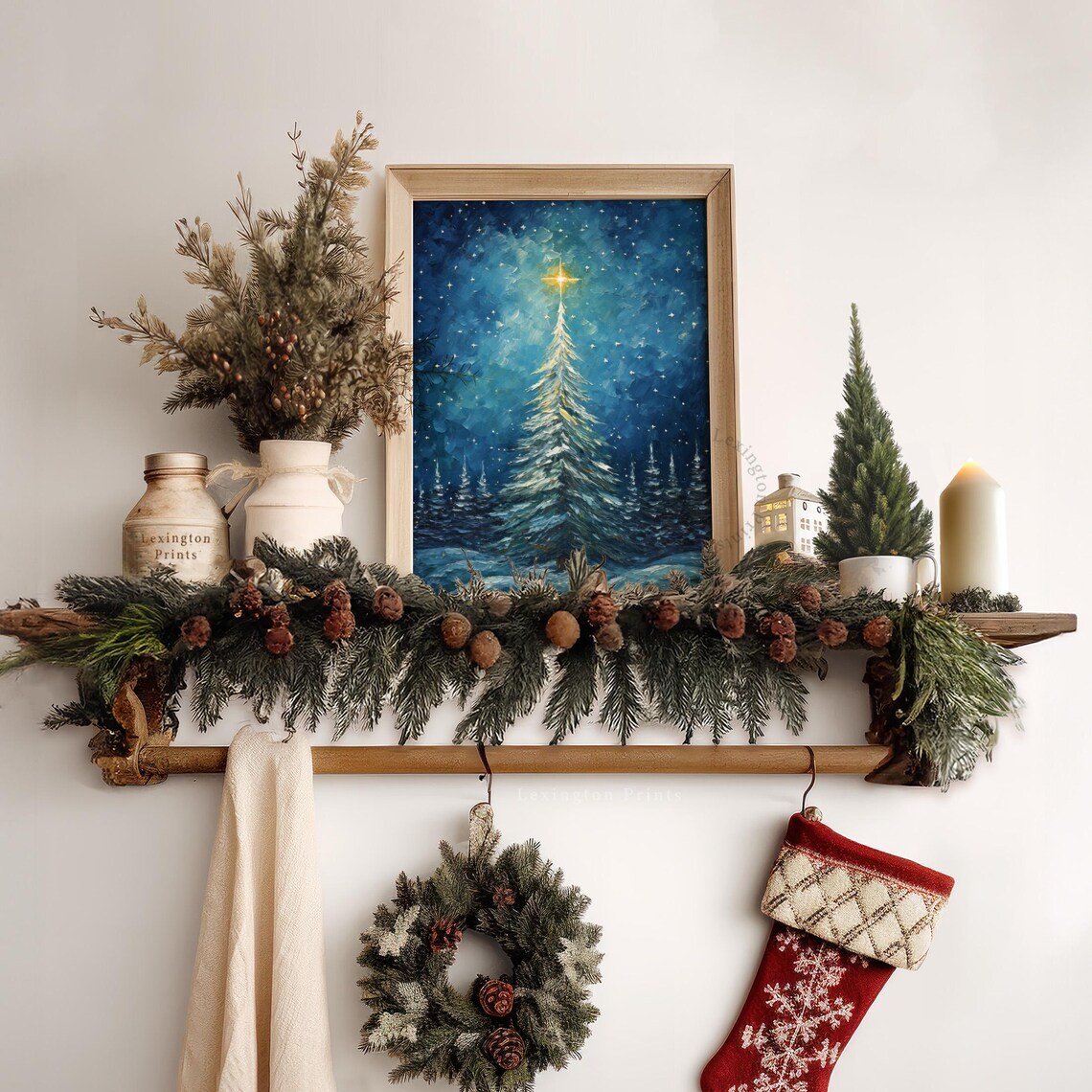 Snowy White Christmas Tree Glowing Star Blue Night Sky Poster - Image 6