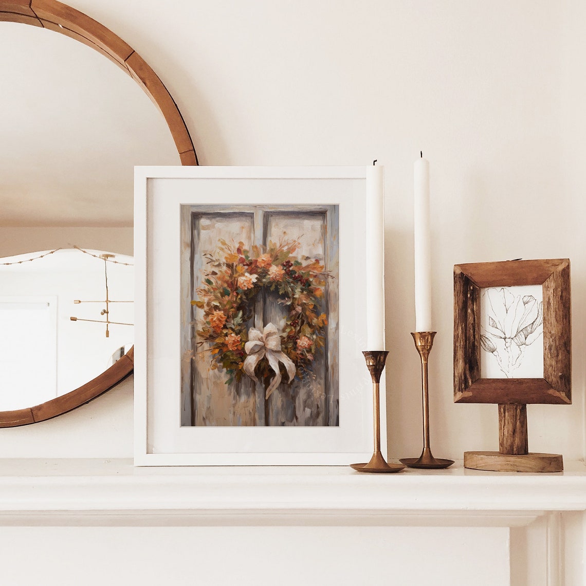 Fall Wreath with Bow on a Rustic Door Autumn Painting Poster - Image 3