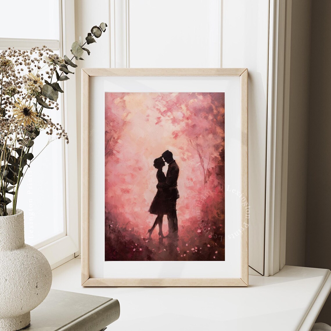 Romantic Couple Silhouette Kiss Pink Blossom Oil Painting Love Poster - Image 7