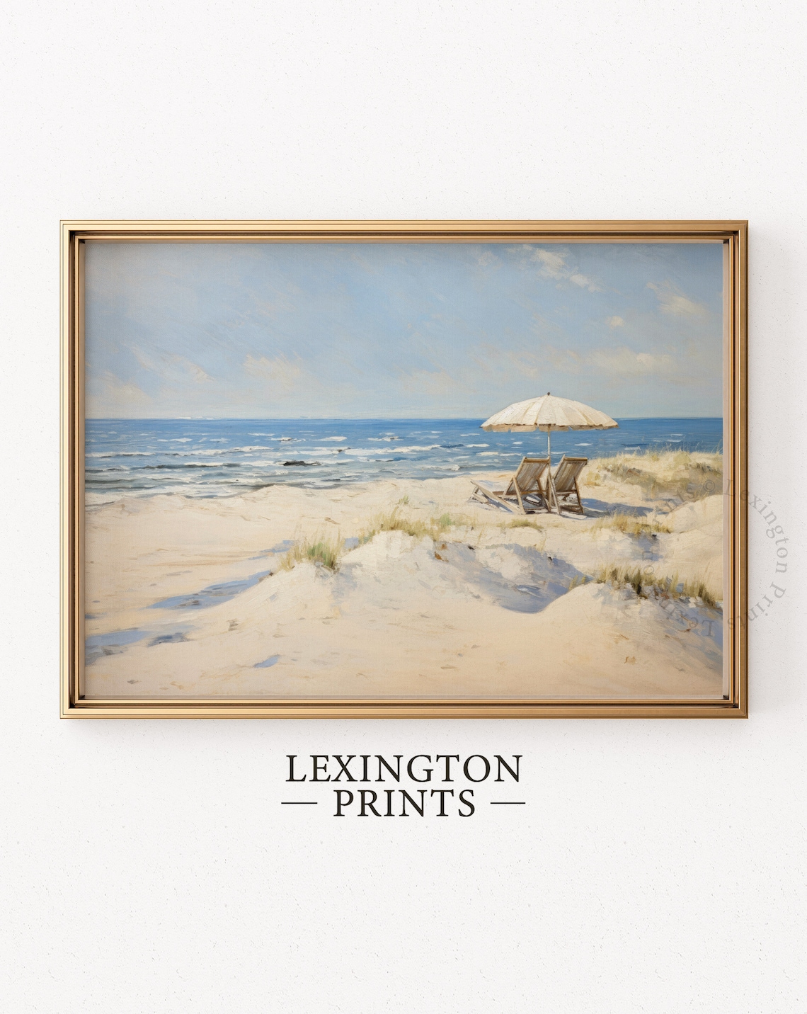 Beach Umbrella and Chairs on Sand Dunes Vintage Summer Ocean Poster