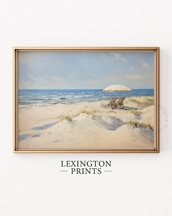 Beach Umbrella and Chairs on Sand Dunes Vintage Summer Ocean Poster