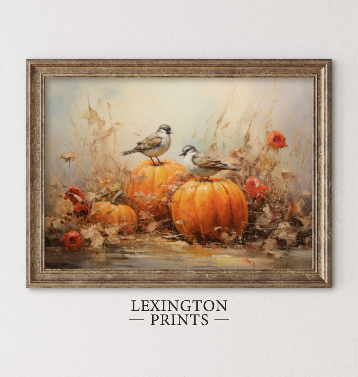 Two Songbirds on Pumpkins in Autumn Field Vintage Bird Poster