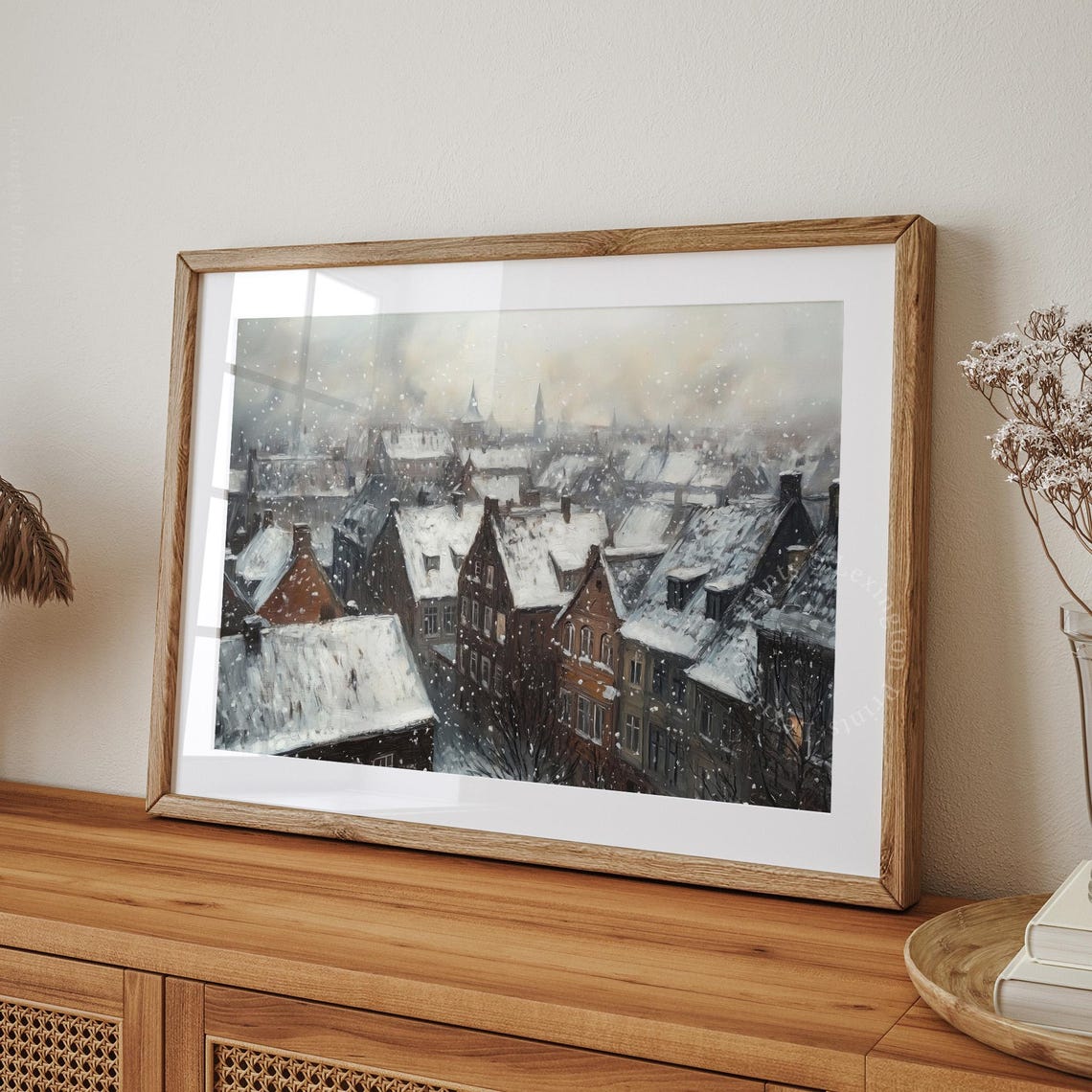 Snowy Old Village Rooftops in Winter Impressionist Scene Poster - Image 8
