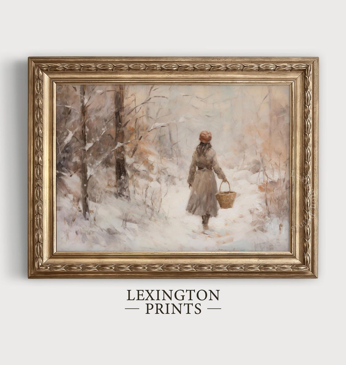 Girl With Basket Walking Snowy Forest Path Winter Scene Art Print - Image 2