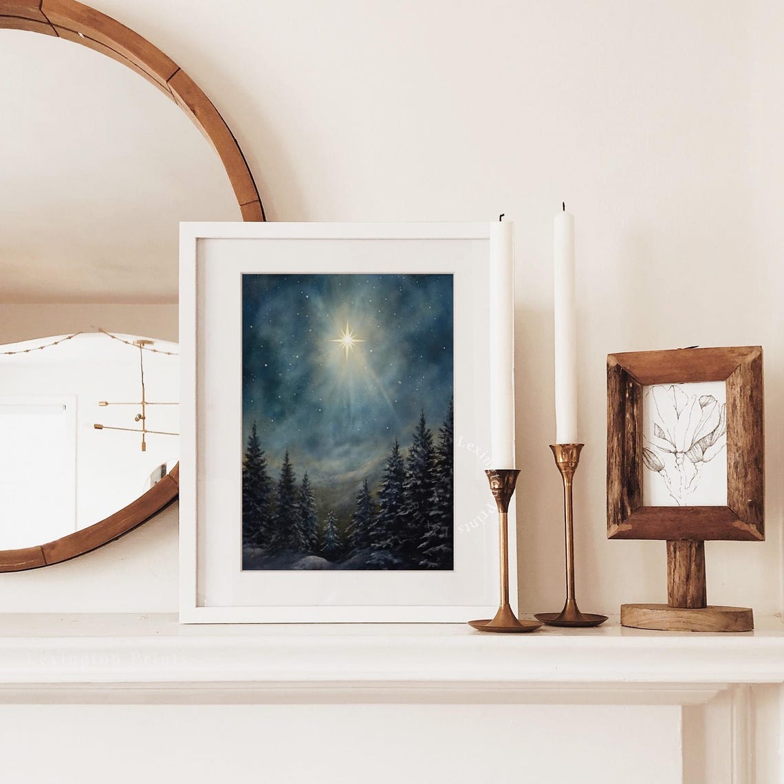 Shining Christmas Star Above Snowy Pine Forest Night Scene Print - Image 6