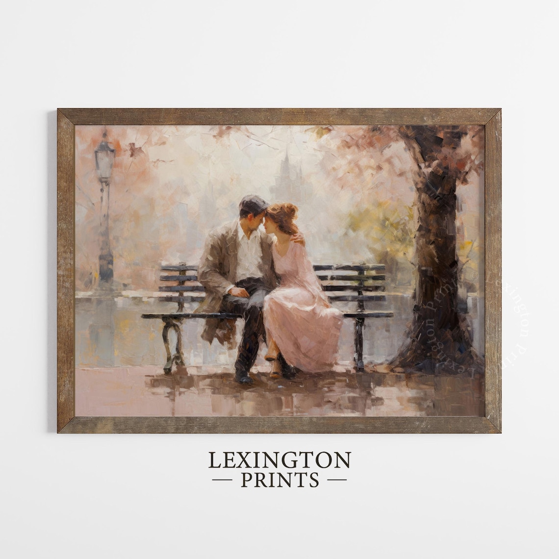 Romantic Couple on Park Bench Under Autumn Tree Watercolor Art Print - Image 5