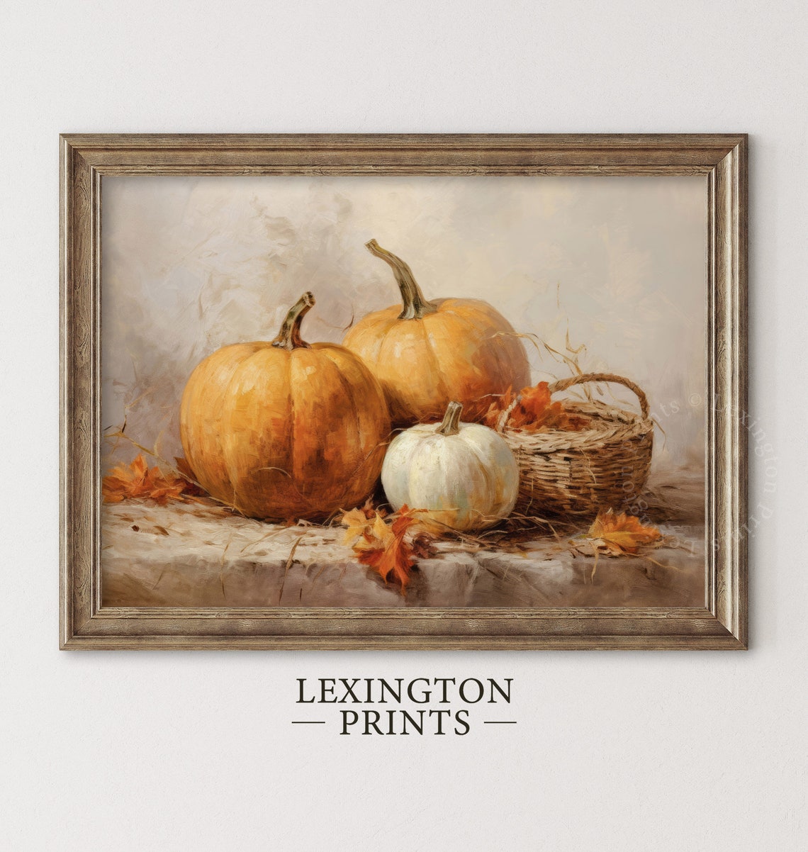 Pumpkin Harvest Still Life Wicker Basket Fall Oil Painting Poster - Image 2
