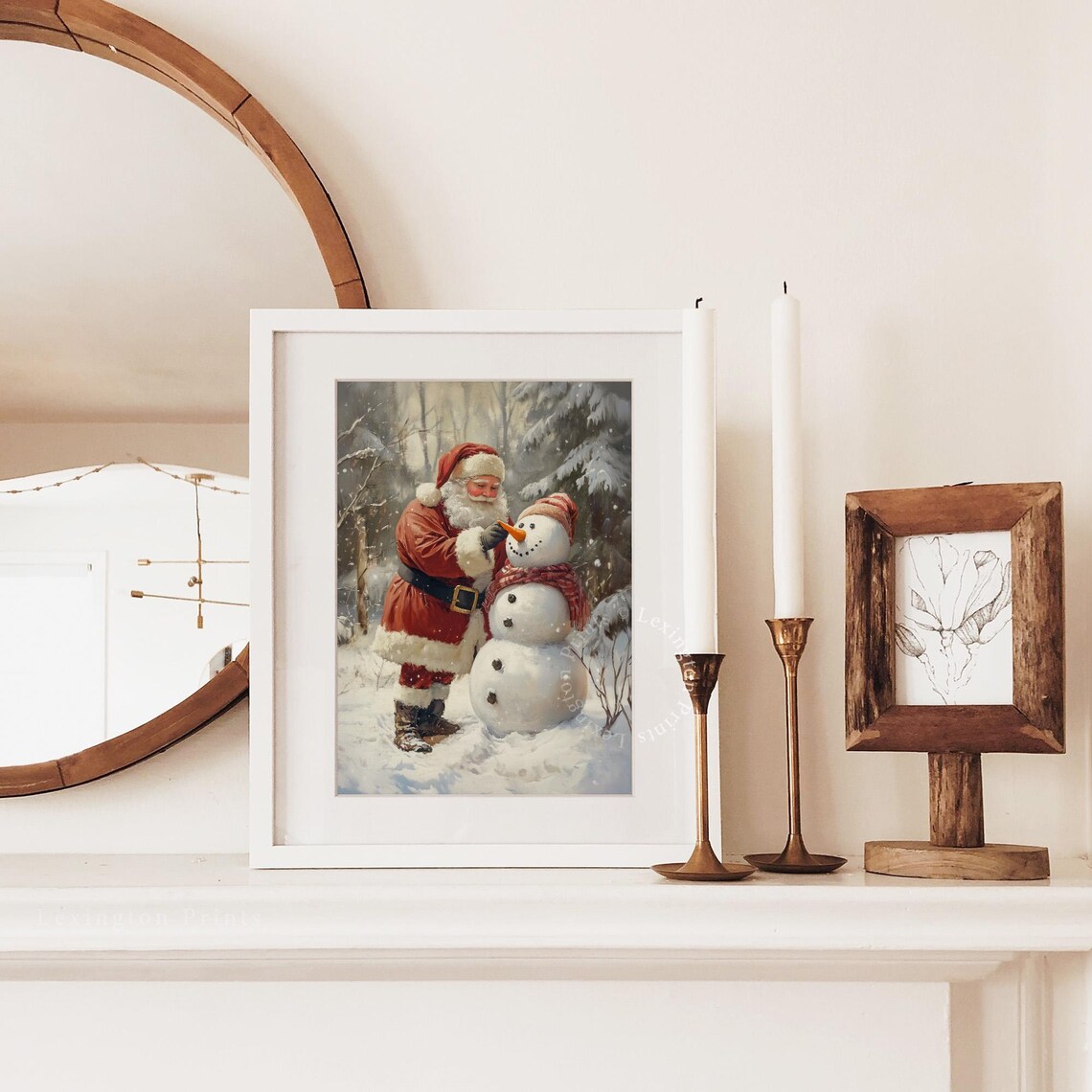 Santa Building a Happy Snowman in Vintage Winter Wonderland Poster - Image 2