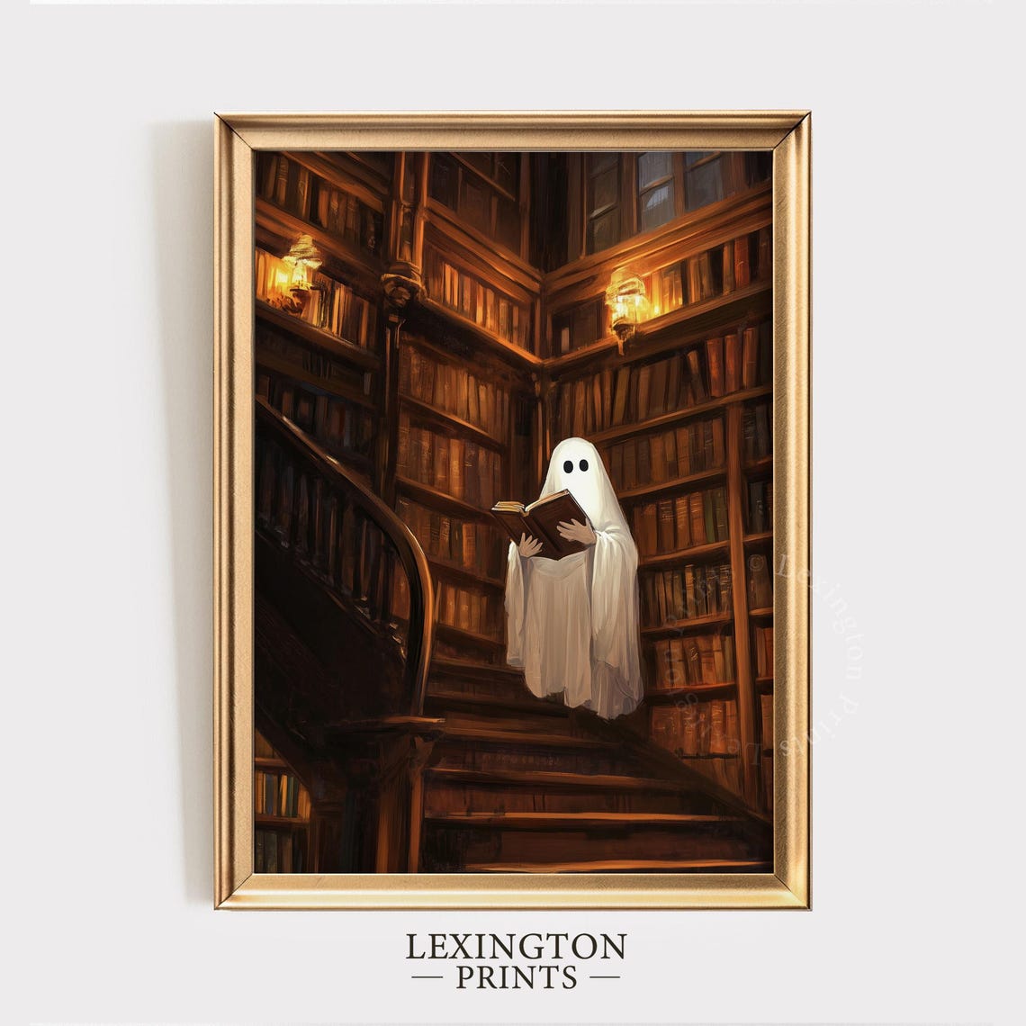 Cute Ghost Reading Book in Spooky Library Halloween Vintage Wall Art - Image 5