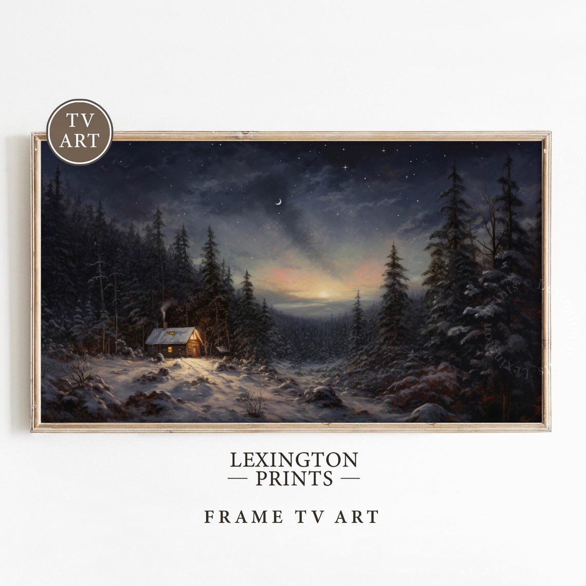 Snowy Cabin Night Forest Crescent Moon Starry Sky Frame TV Art Poster