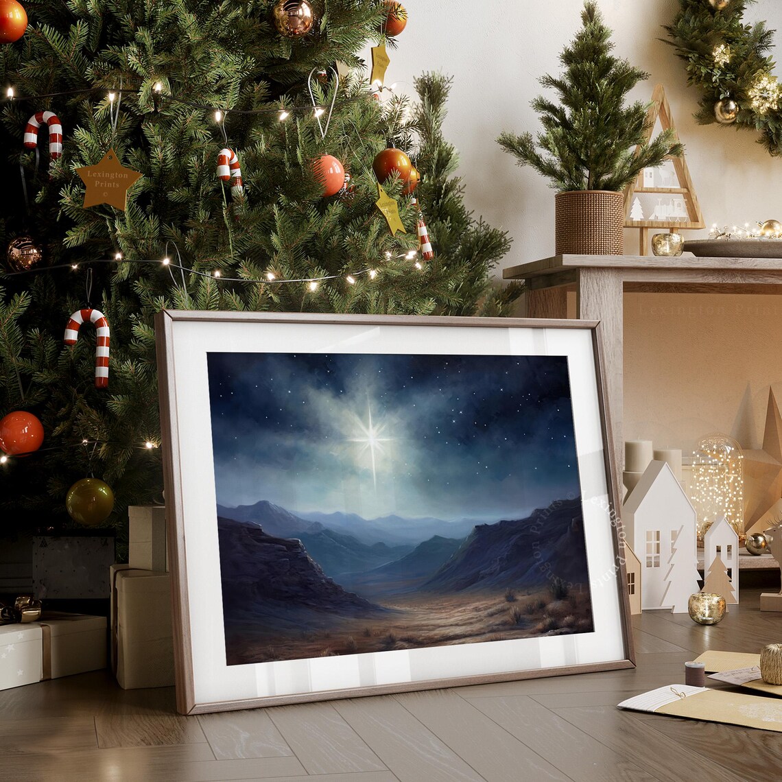 Christmas Star Christian Wall Art Jesus Art Christmas Wall Art Christmas Landscape Painting Print Christian Cross Nativity Star 398 - Image 3
