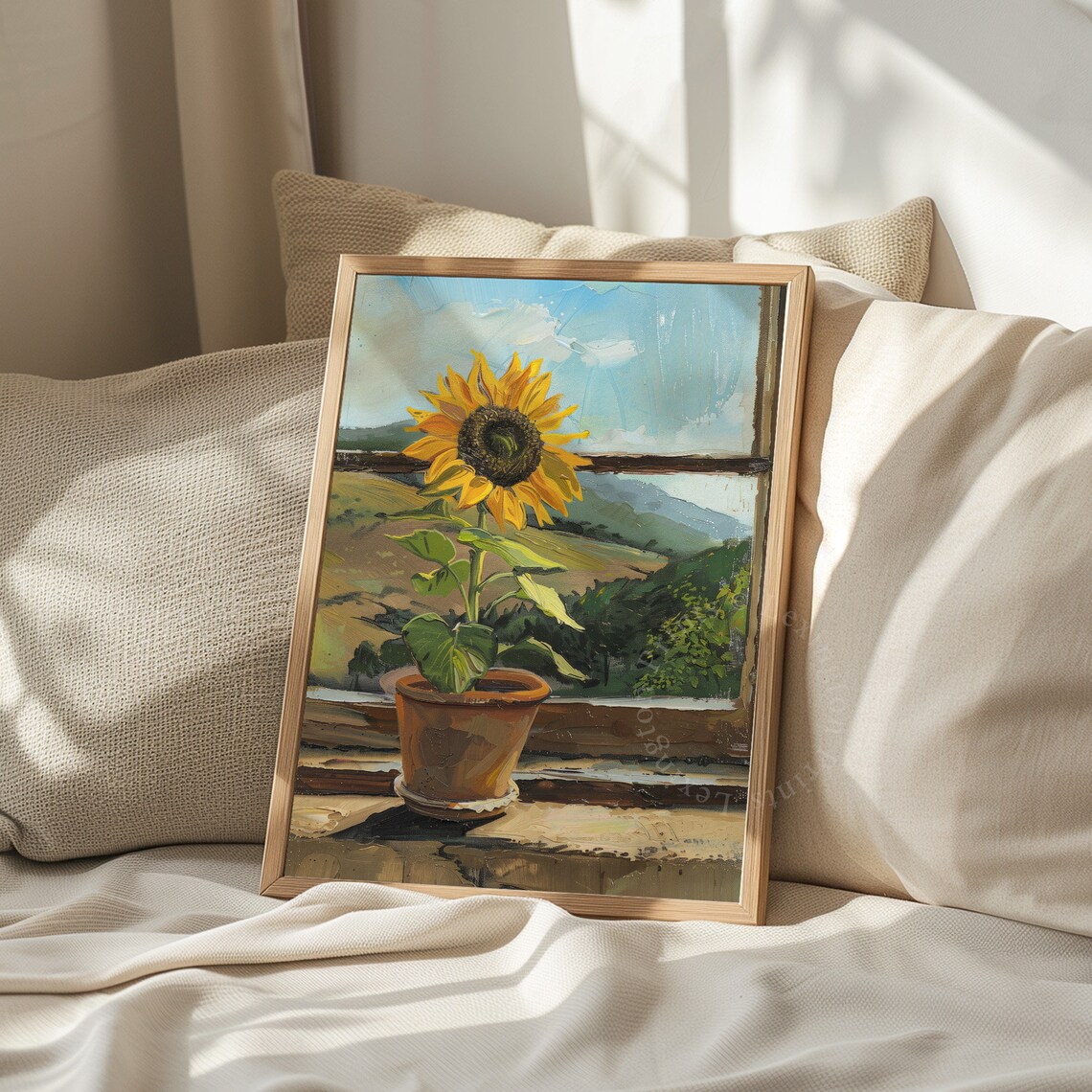 Potted Sunflower Painting Sunny Windowsill Rolling Hills Farmhouse Poster - Image 8