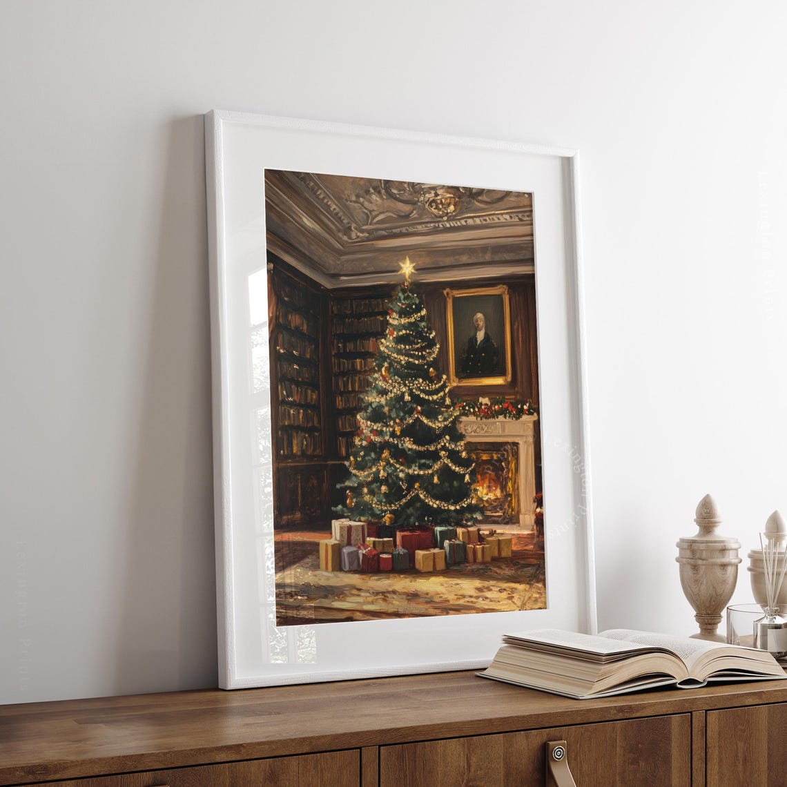 Dark Academia Christmas Tree Library Fireplace Oil Painting Poster - Image 3