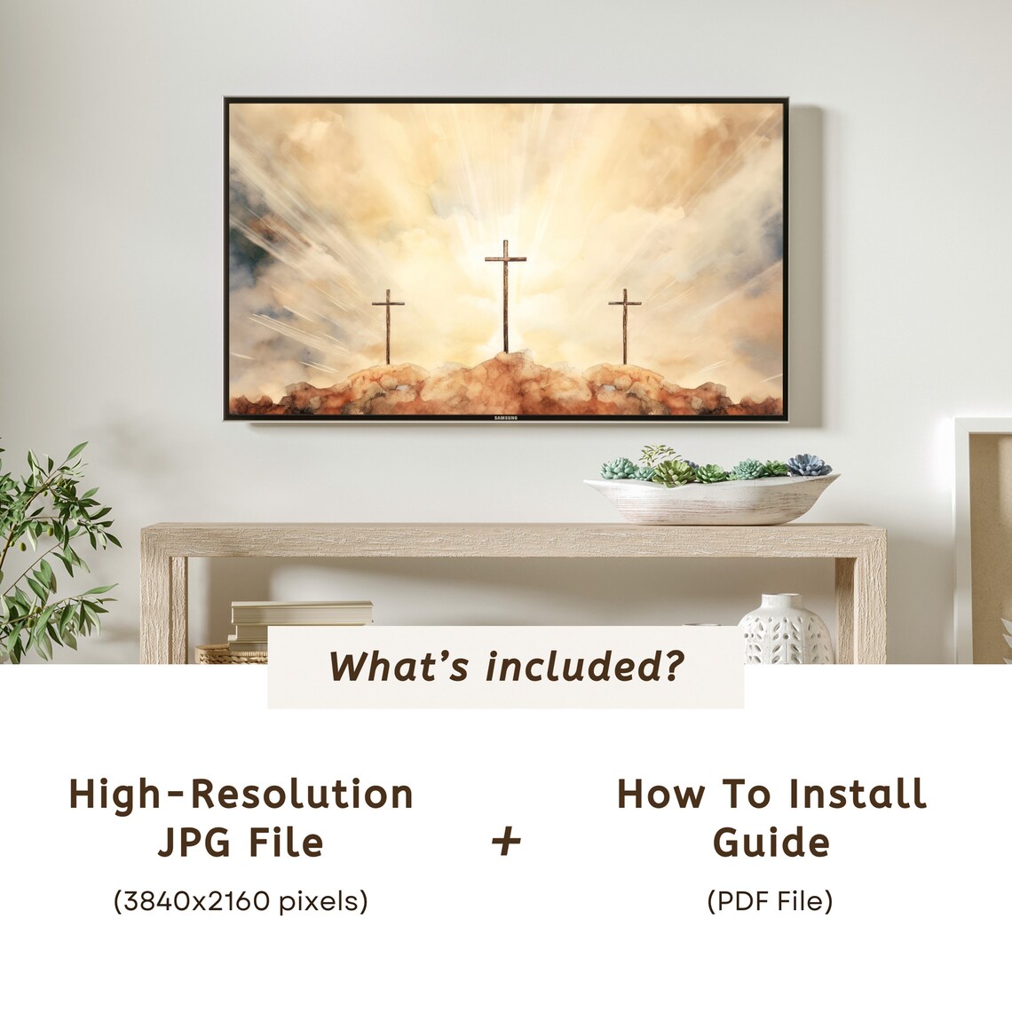 Three Crosses Of Calvary Golden Sunrise Watercolor Frame TV Art Poster - Image 6