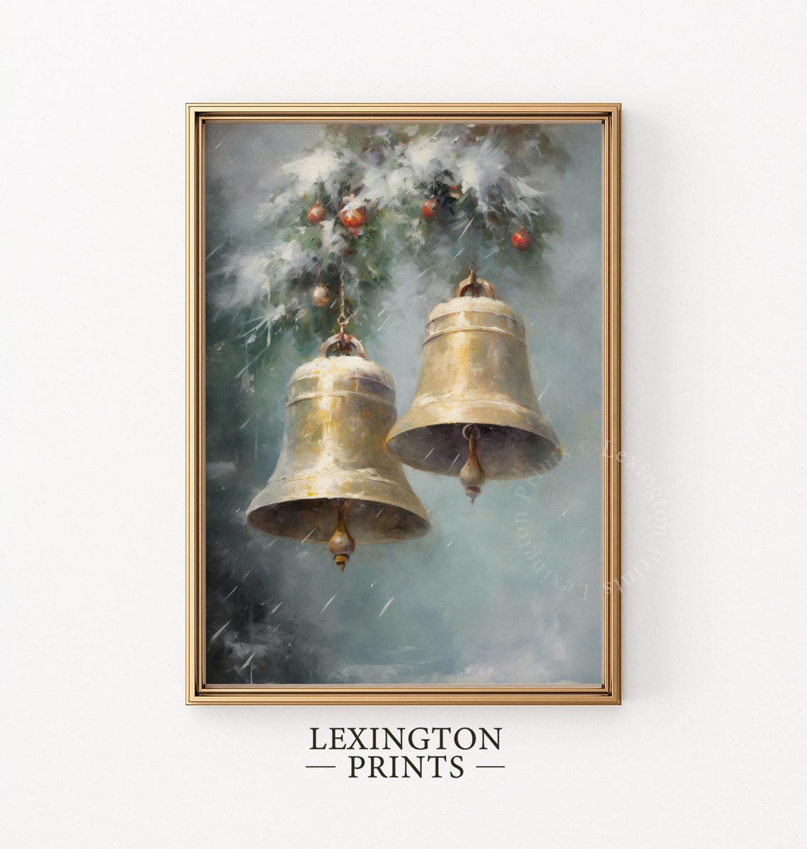 Large Brass Bells on Snowy Evergreen Bough Misty Winter Holiday Poster - Image 5