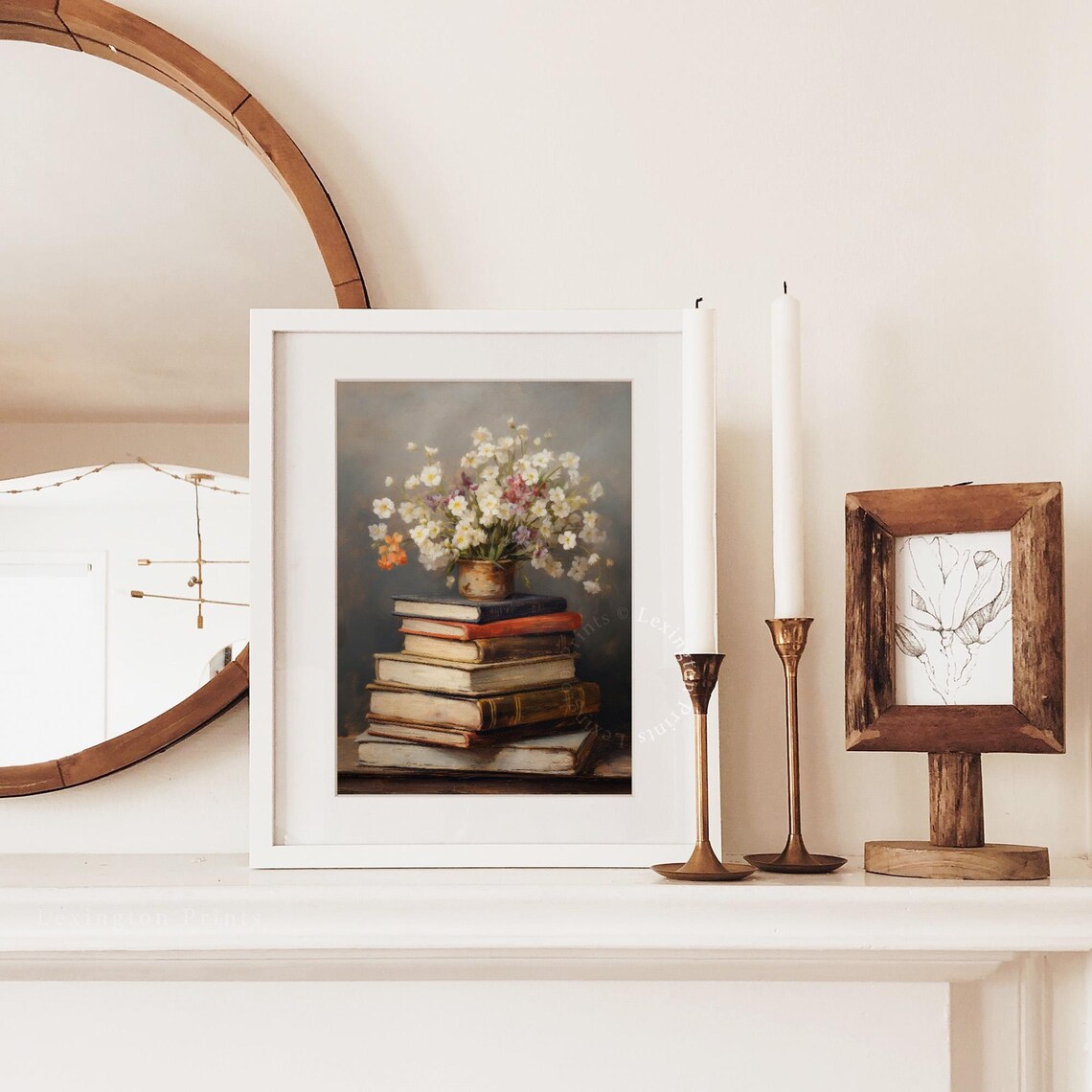 White Wildflower Bouquet in Brass Pot on Books Still Life Art Print - Image 2