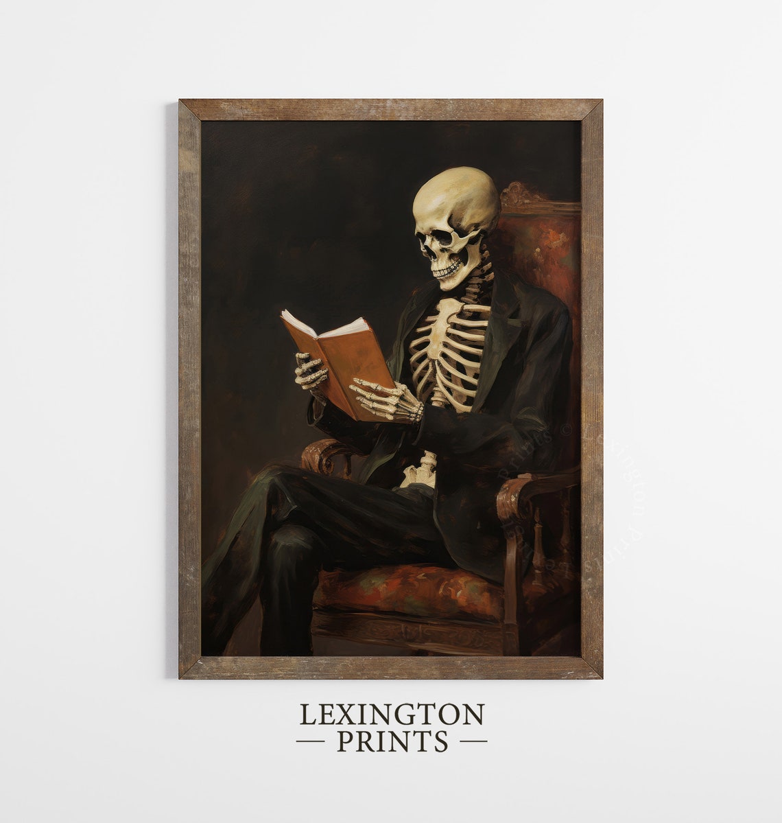 Skeleton Reading Book in Leather Armchair Moody Halloween Wall Art - Image 7