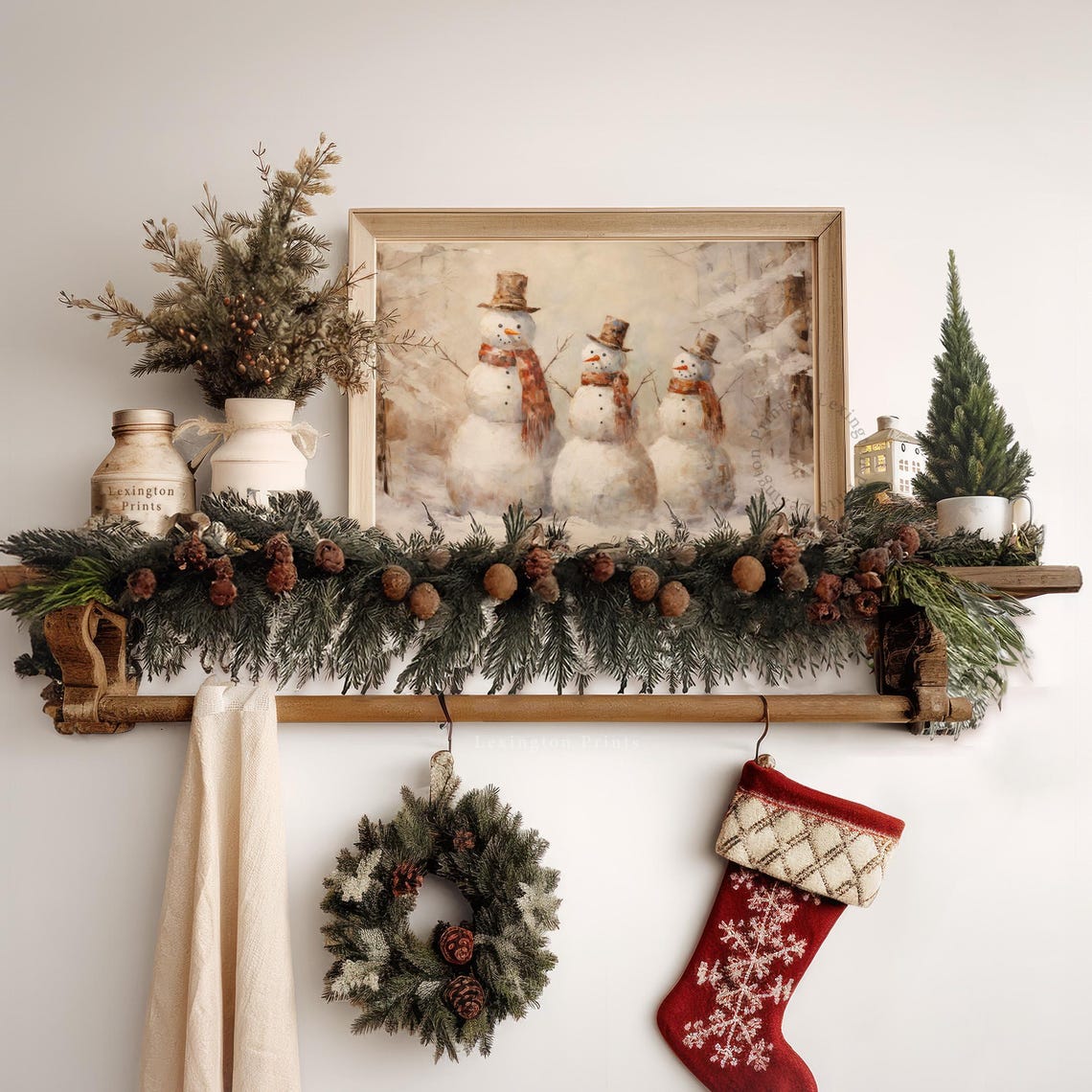 Three Vintage Snowmen in Winter Forest Christmas Scene Poster - Image 6