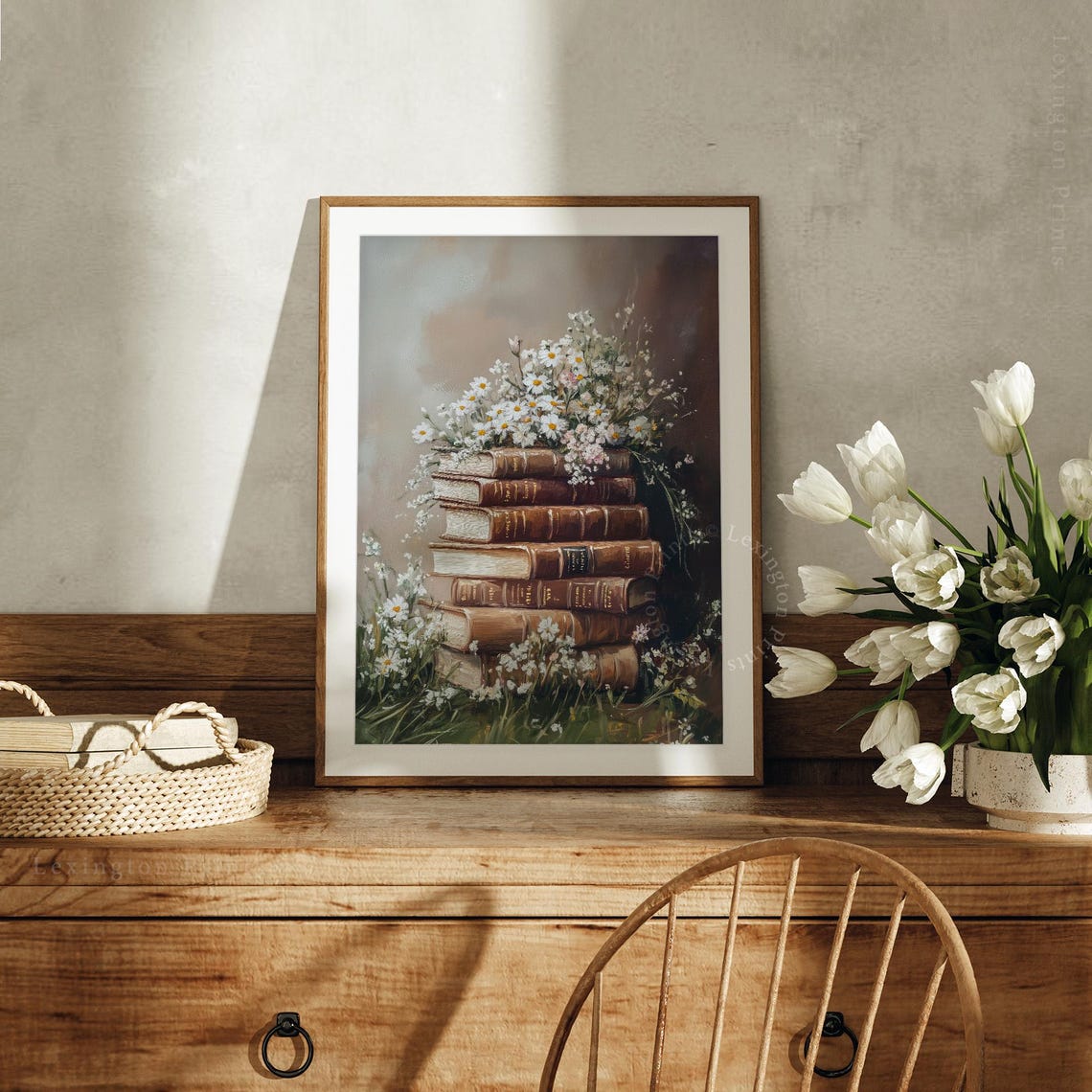Vintage Books Stack Topped with Daisies Moody Floral Wall Art - Image 3