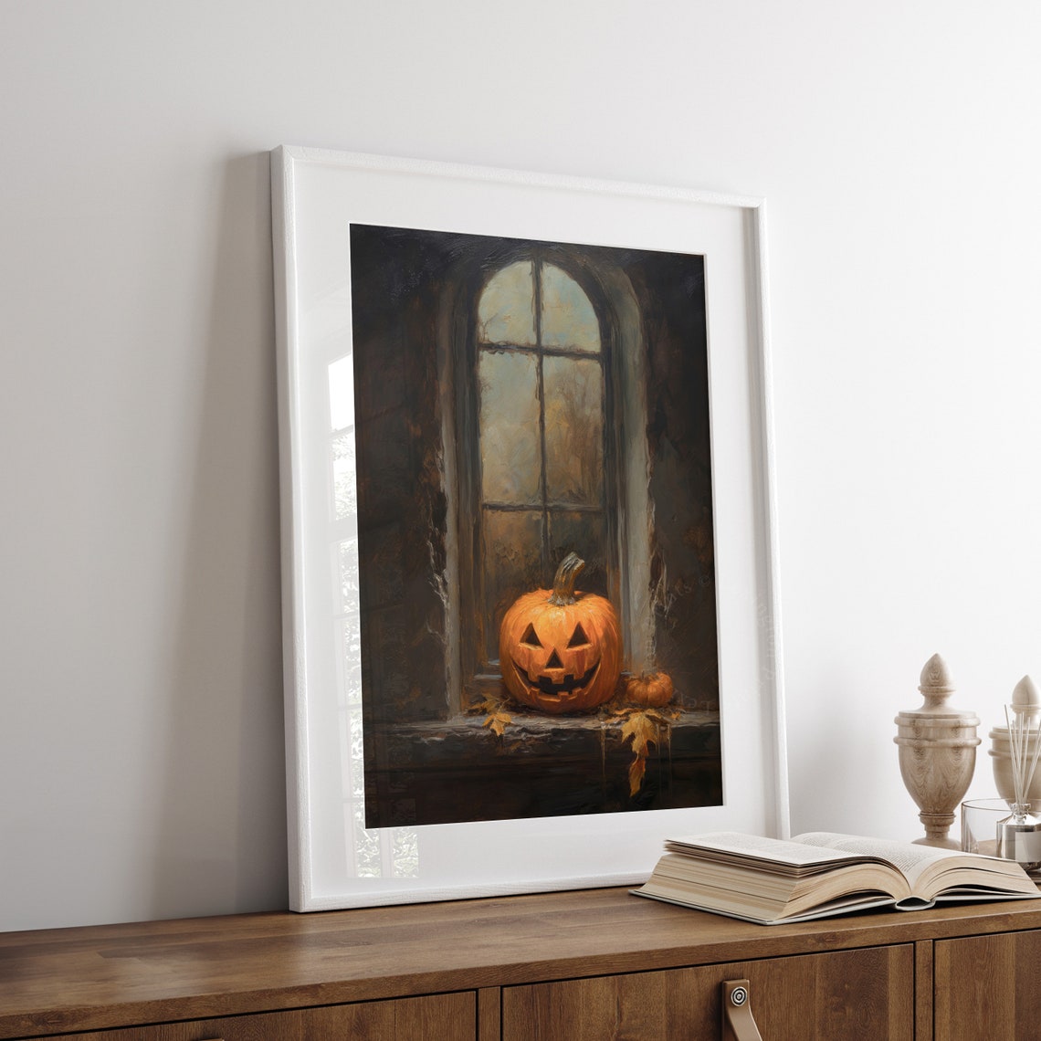 Jack-o-Lantern on Dark Arched Window Sill Moody Oil Painting Poster - Image 6