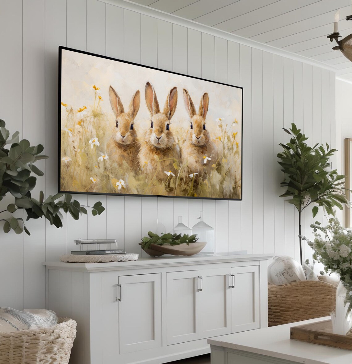 Three Bunnies in Wildflower Meadow Cute Spring Animal Poster - Image 3
