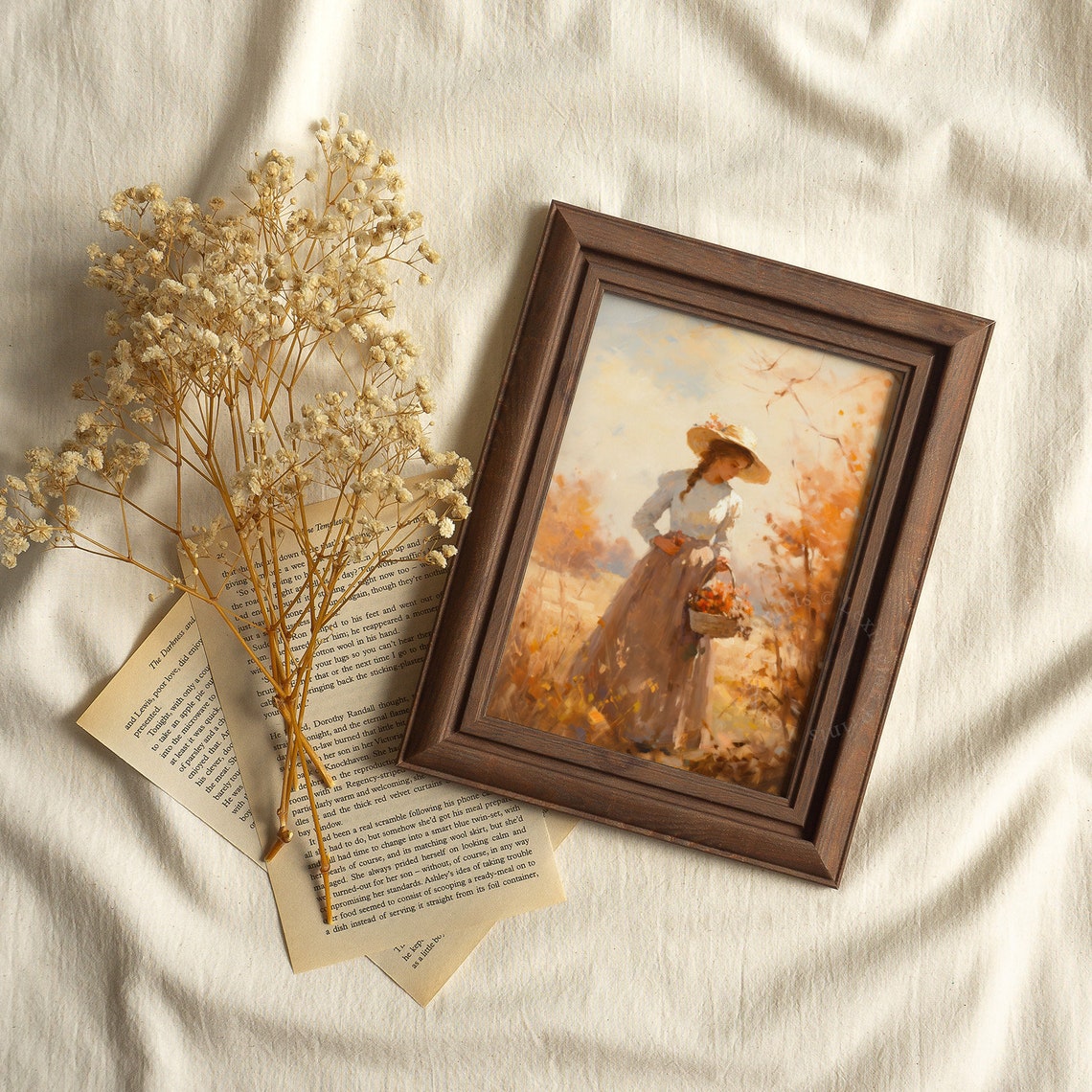 Woman with Flower Basket in Golden Autumn Field Romantic Fall Poster - Image 4