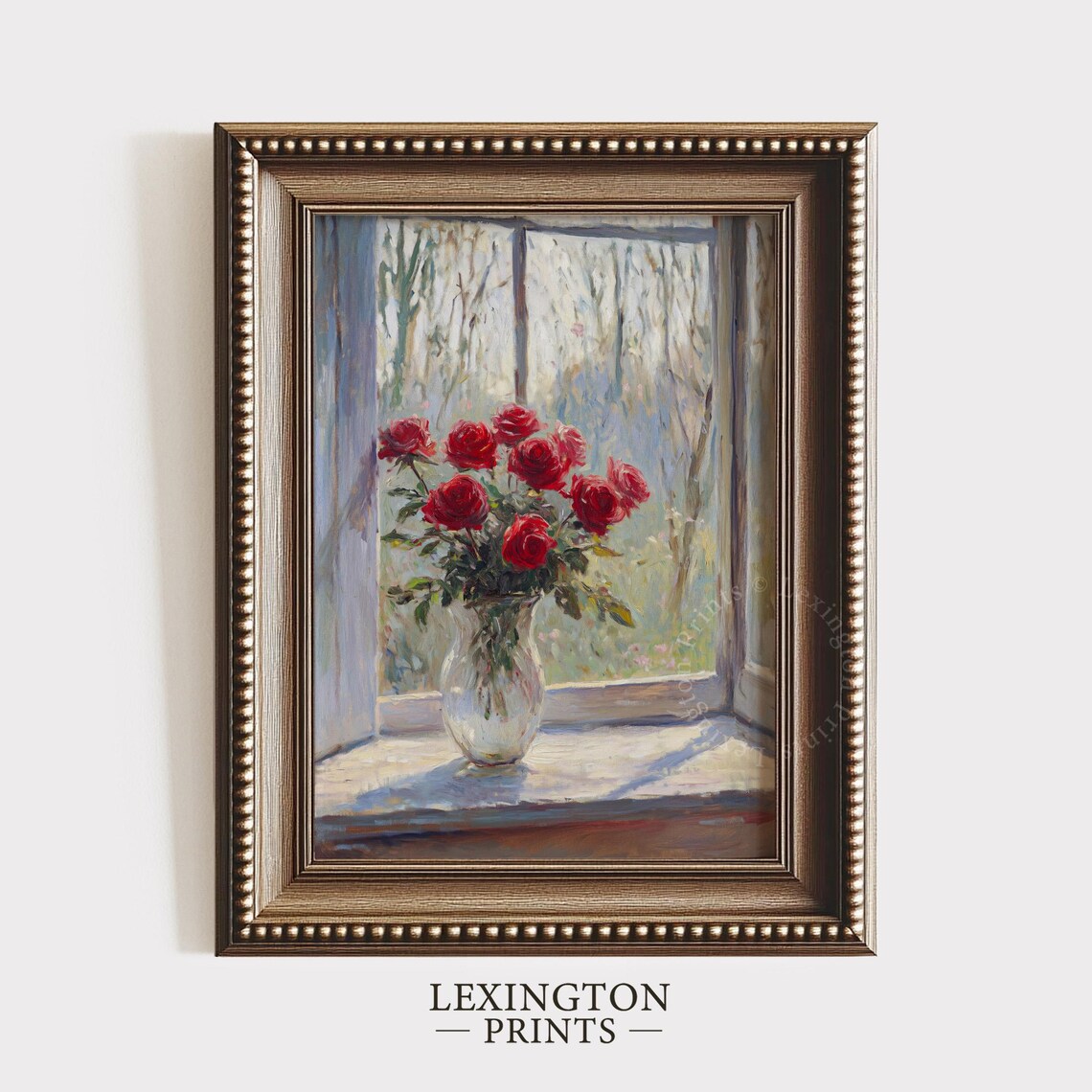 Red Roses in Glass Vase on Sunlit Windowsill Floral Still Life Print - Image 5