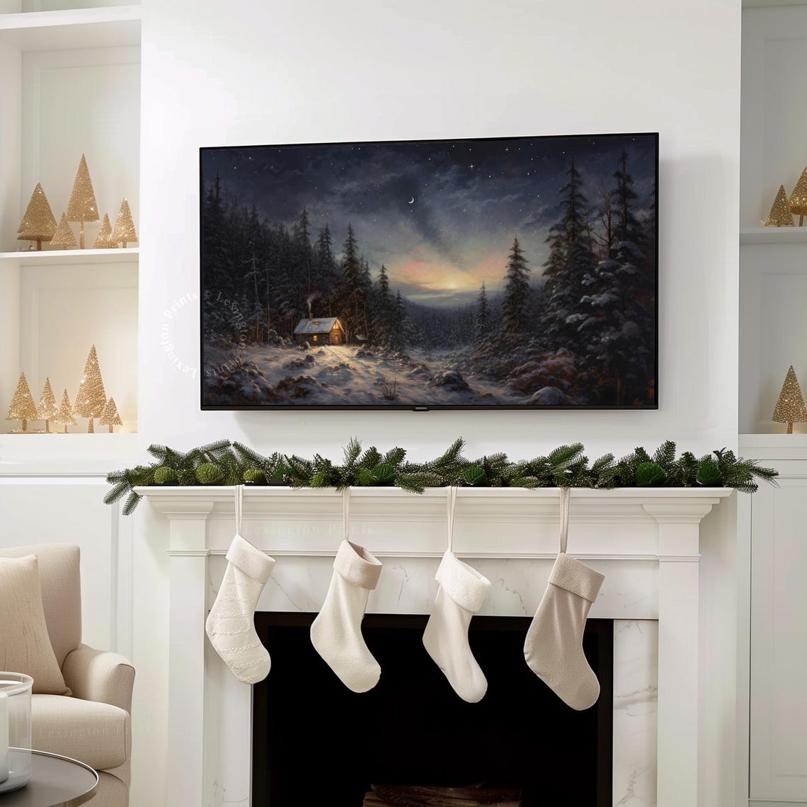 Snowy Cabin Night Forest Crescent Moon Starry Sky Frame TV Art Poster - Image 8