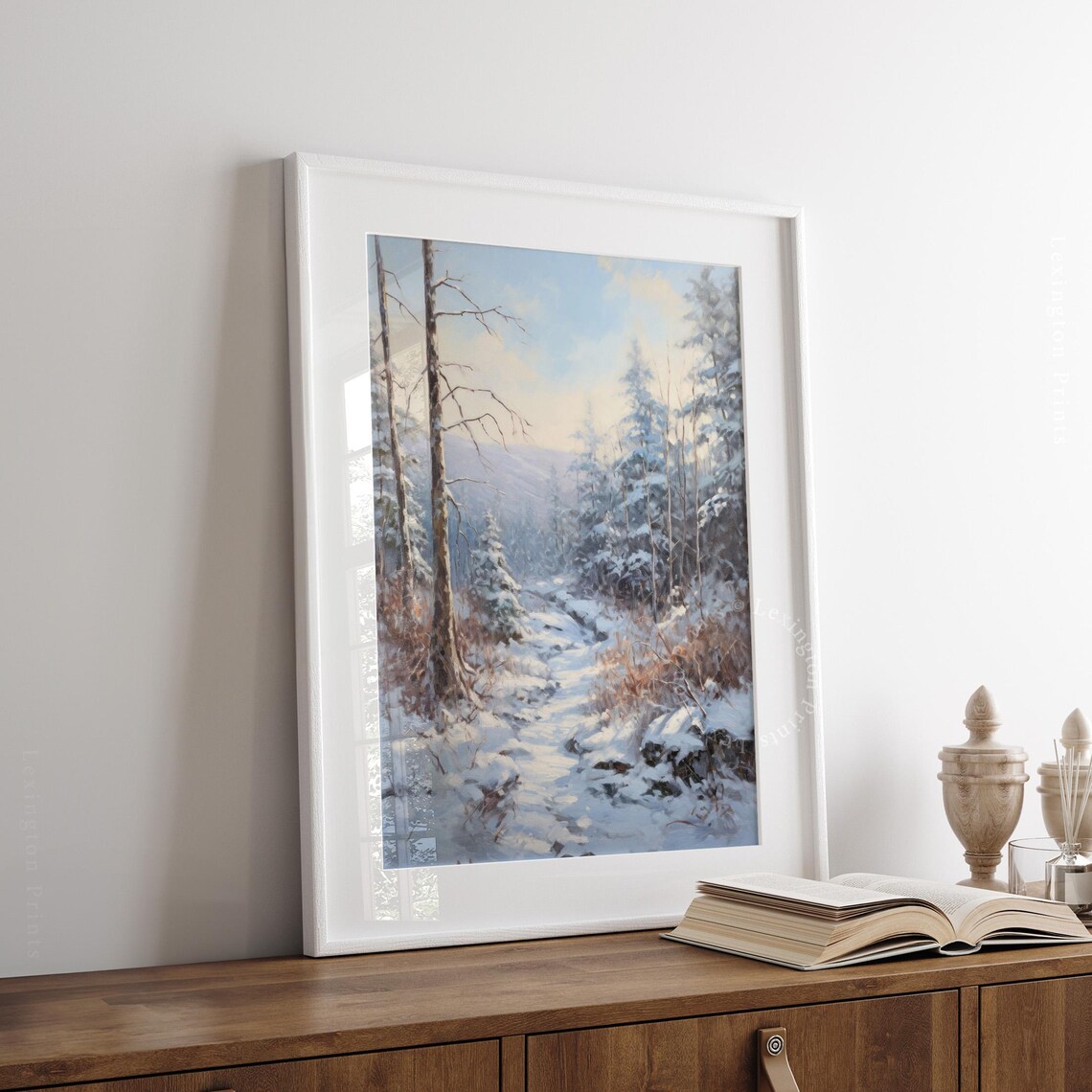 Sunlit Snowy Woodland Path Tall Pines Winter Painting Poster - Image 7