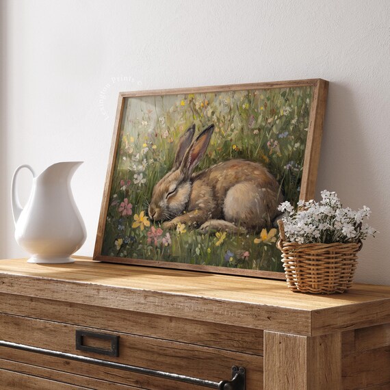 Sleeping Brown Rabbit Resting in a Wildflower Meadow Painting Art Print