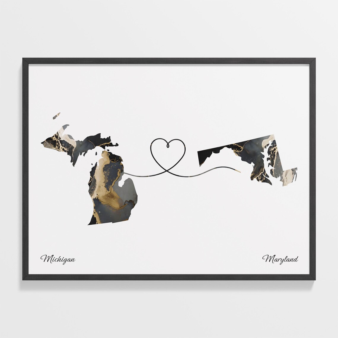 Michigan to Maryland Black Marble State Map Long Distance Love Poster
