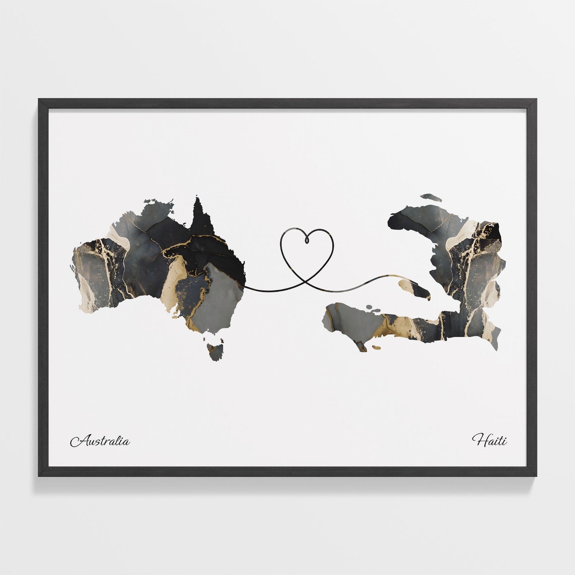 Australia Haiti Marble Map Heart Long Distance Love Gift Poster