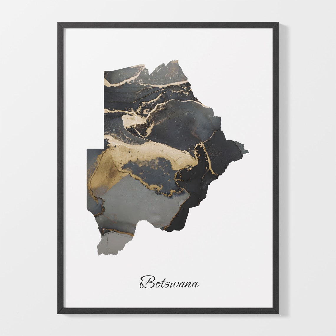 Botswana Black and Gold Marble Silhouette Country Map Poster