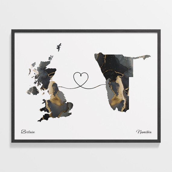 Britain and Namibia Heart Connection Black and Gold Marble Poster
