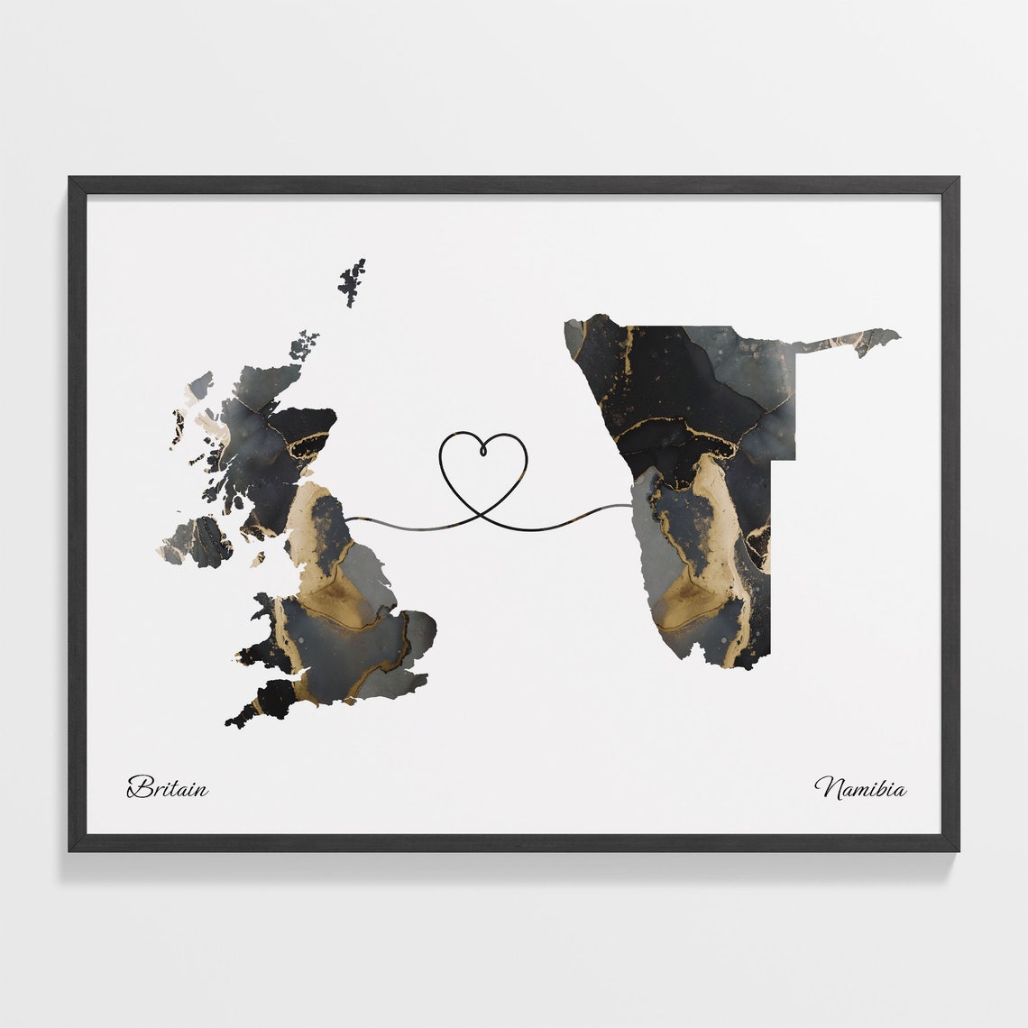 Britain and Namibia Heart Connection Black and Gold Marble Poster