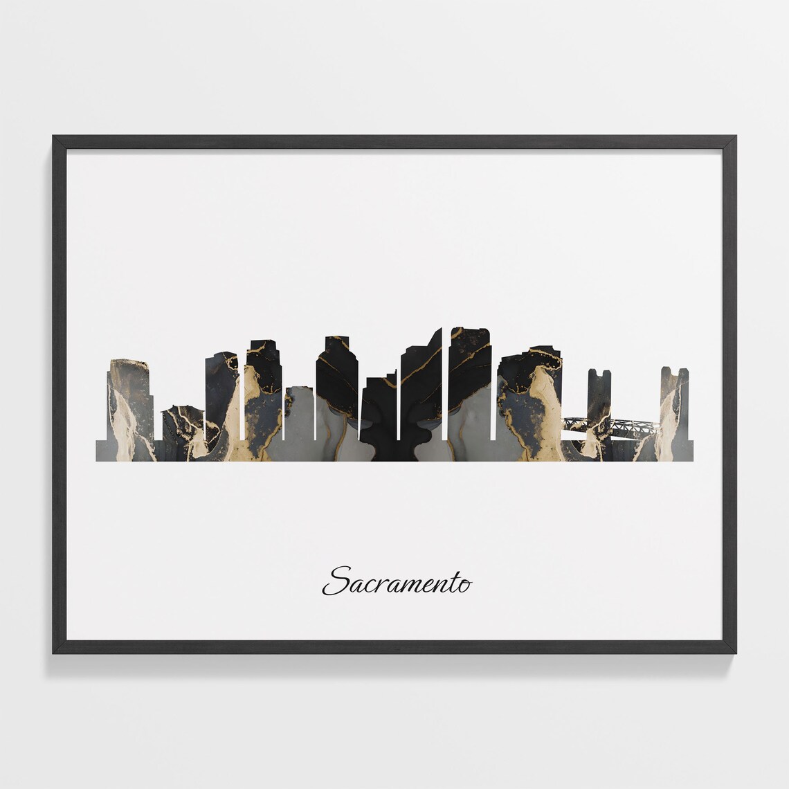Sacramento Skyline Marble Cityscape Black and Gold Travel Poster
