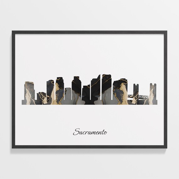 Sacramento Skyline Marble Cityscape Black and Gold Travel Poster