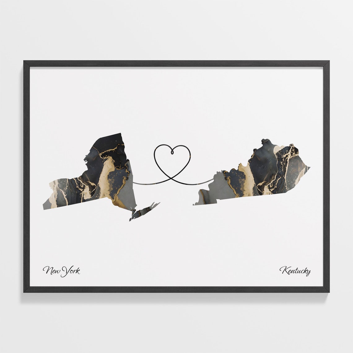 New York and Kentucky Black Gold Marble Two State Love Map Poster