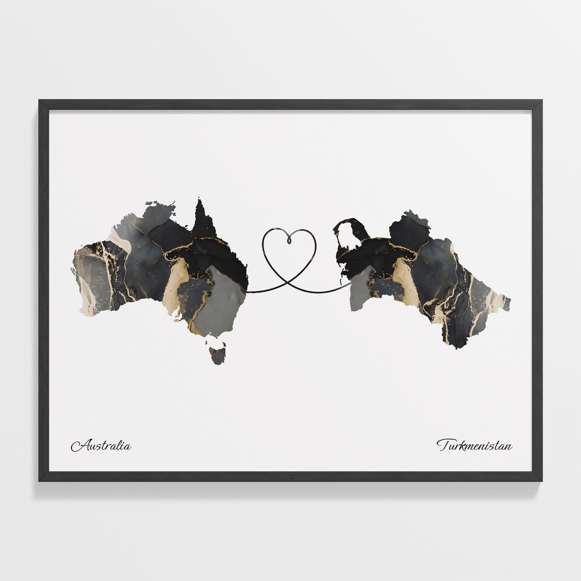 Australia and Turkmenistan Black Gold Marble Map Heart Connection Poster