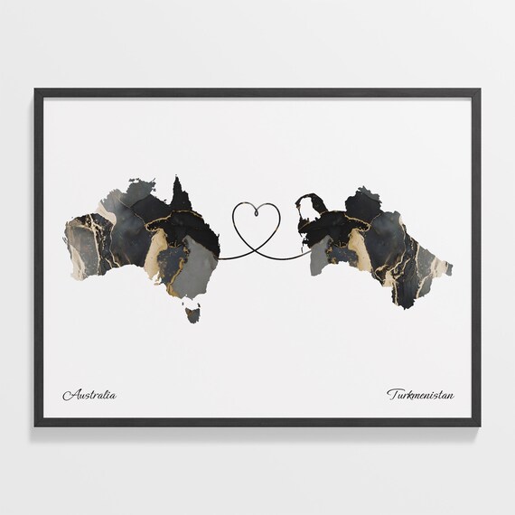 Australia and Turkmenistan Black Gold Marble Map Heart Connection Poster